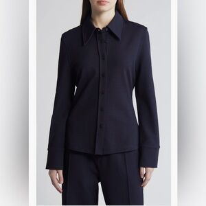 COS Exaggerated Collar Button Up Jersey Shirt in Navy Blue Small